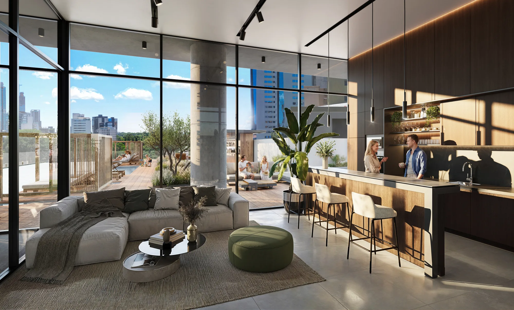 Visualización arquitectónica del salón gourmet de Mova del Sol.