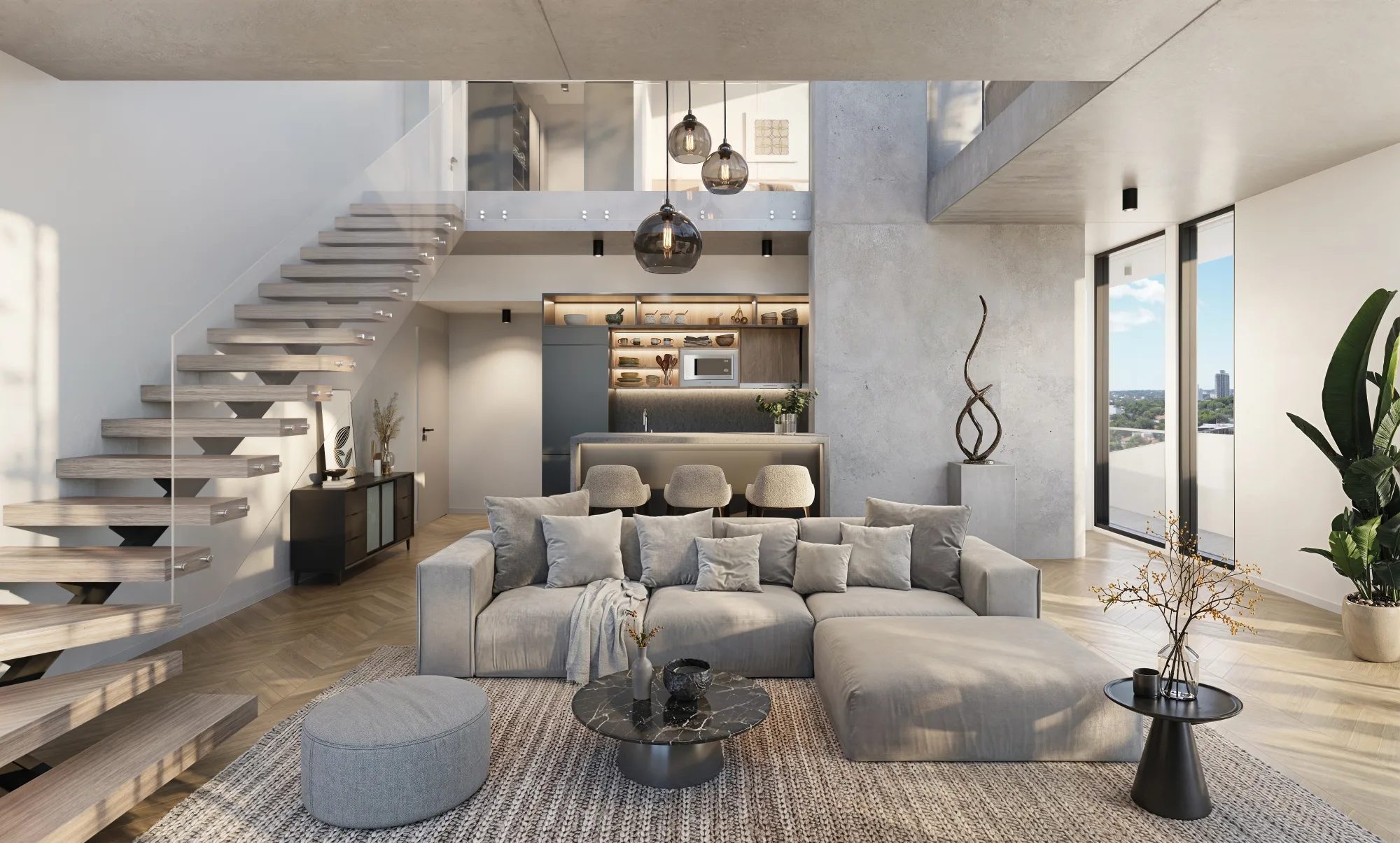 Render interior de un dúplex de Mova del Sol con escalera y espacios en dos niveles.