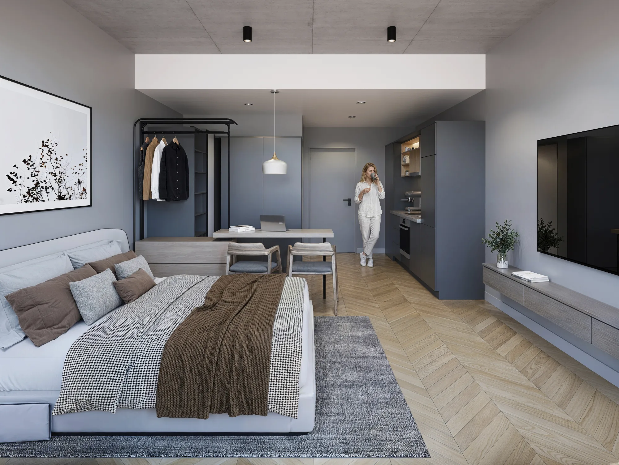 Render interior de un monoambiente de Mova del Sol, con cocina integrada, estar y área de descanso.