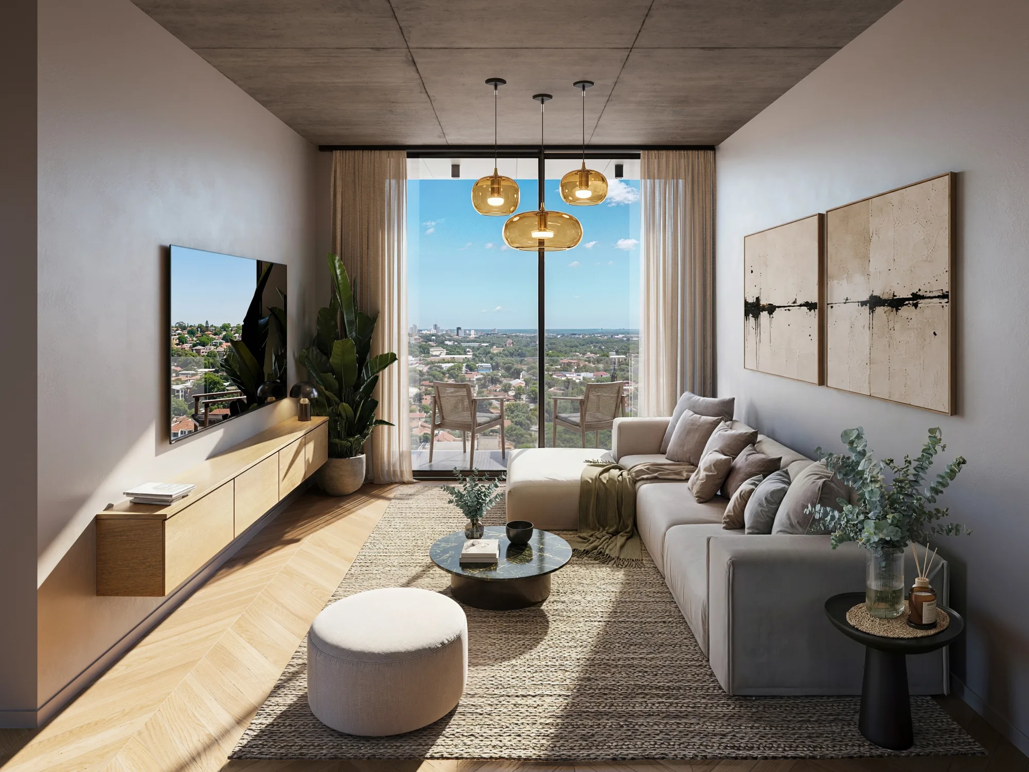 Render del área social de un departamento de un dormitorio de Mova del Sol.
