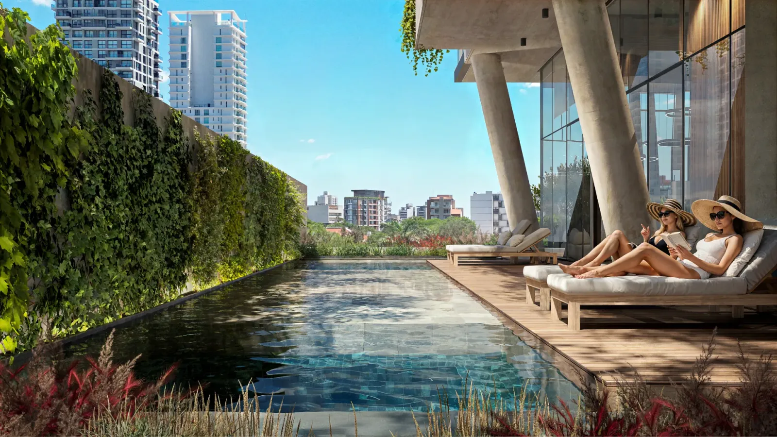 Visualización de la piscina infinita de Mova del Sol, con la ciudad al fondo.