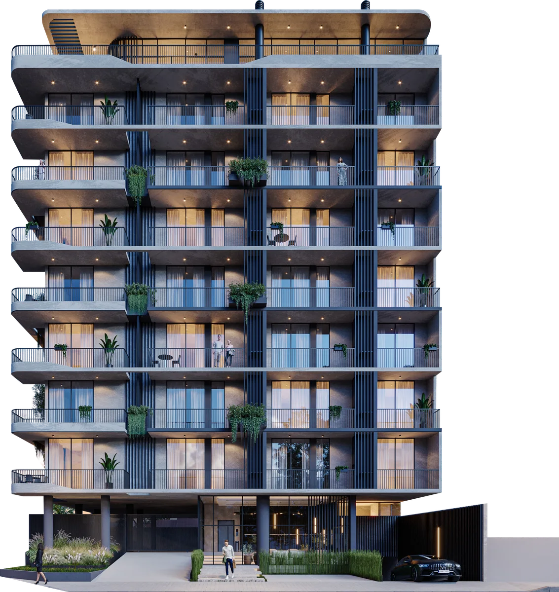 Render de la fachada frontal de Mova Recoleta al atardecer