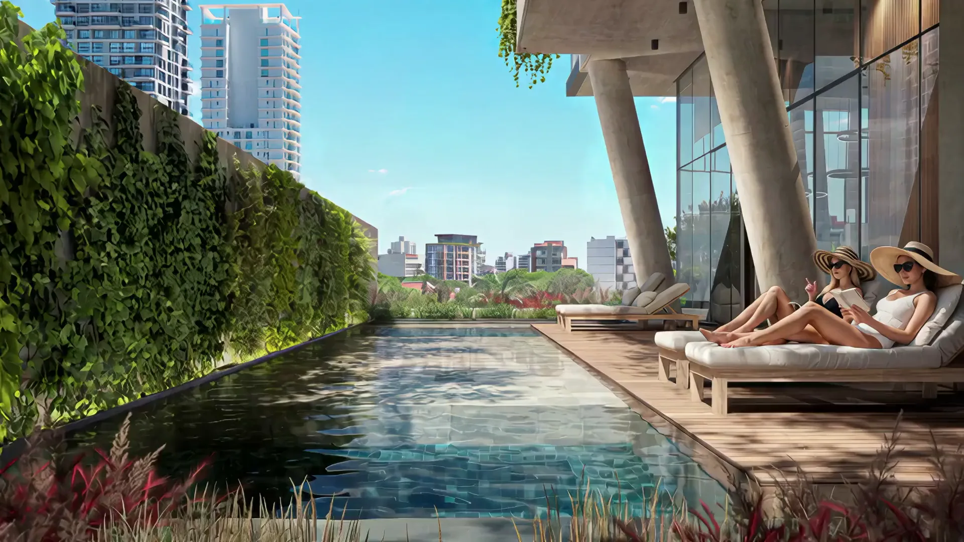 Visualización del área de hidromasaje de Mova del Sol junto a un muro verde.